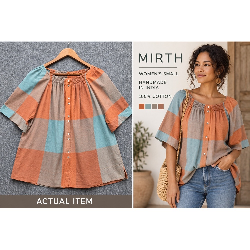 Mirth Button Front Top Womens Small Colorblock Cotton Boho Orange Blue Excellent